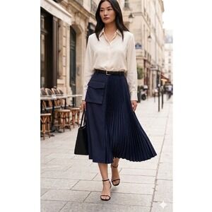 Mare x Anthropologie Navy Blue Asymmetrical Pleated Cargo Midi Skirt Size Large